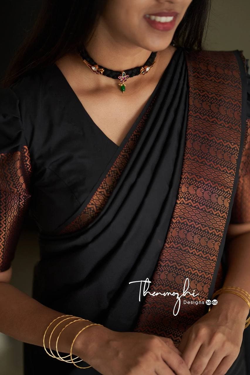 Classic Black Banarasi Silk Saree with Copper Accents