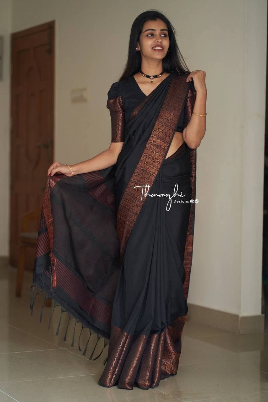 Classic Black Banarasi Silk Saree with Copper Accents