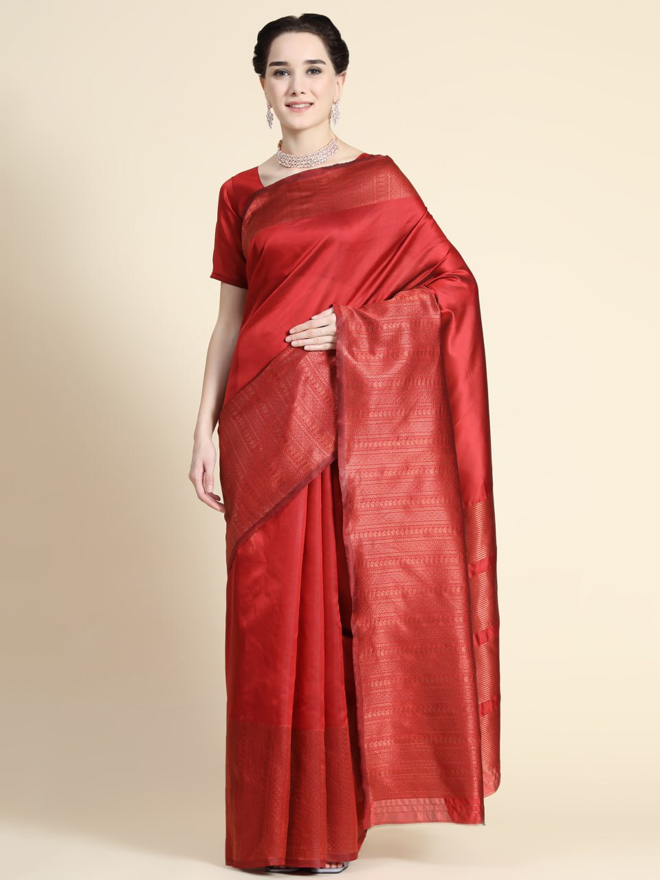 Crimson Elegance Pure Banarasi Silk Saree with Intricate Zari Borders