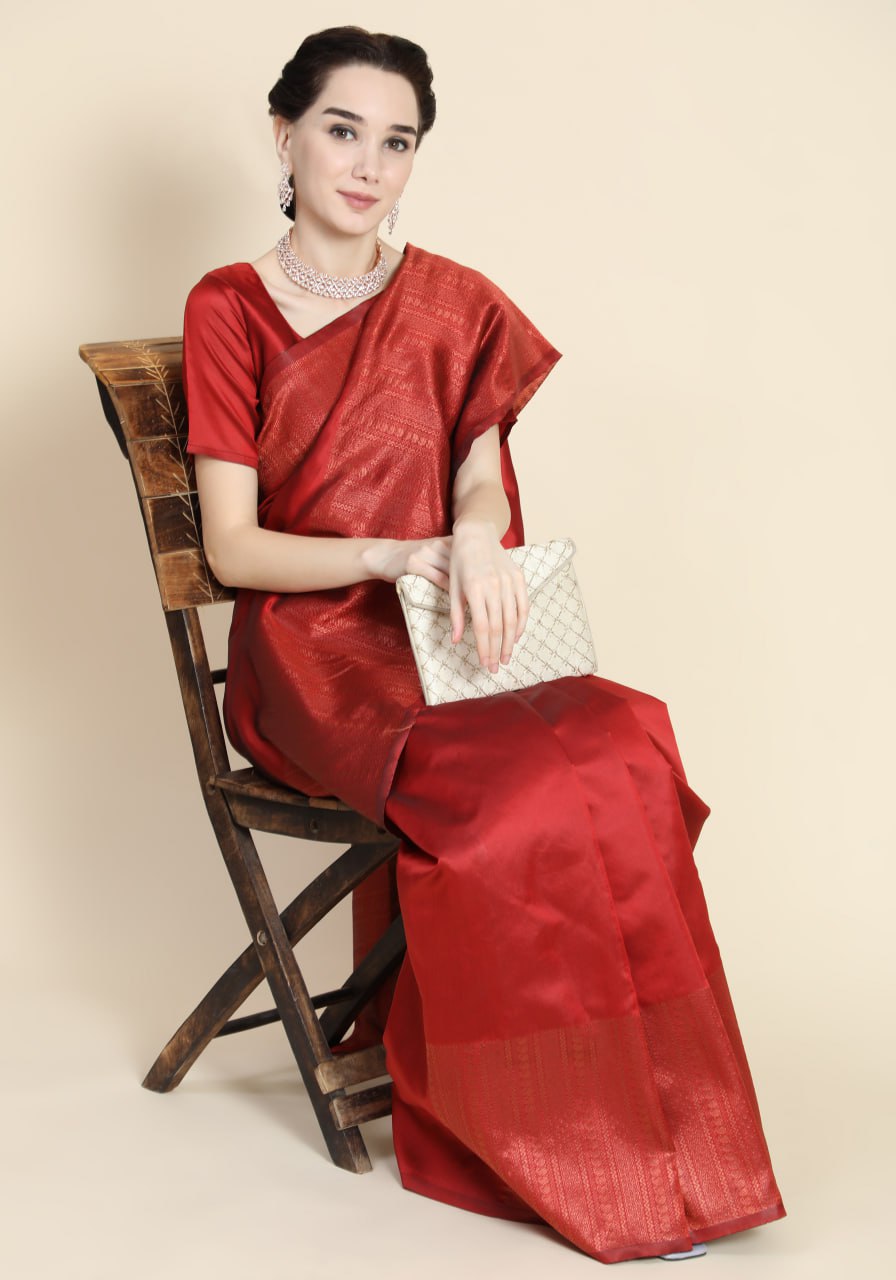 Crimson Elegance Pure Banarasi Silk Saree with Intricate Zari Borders