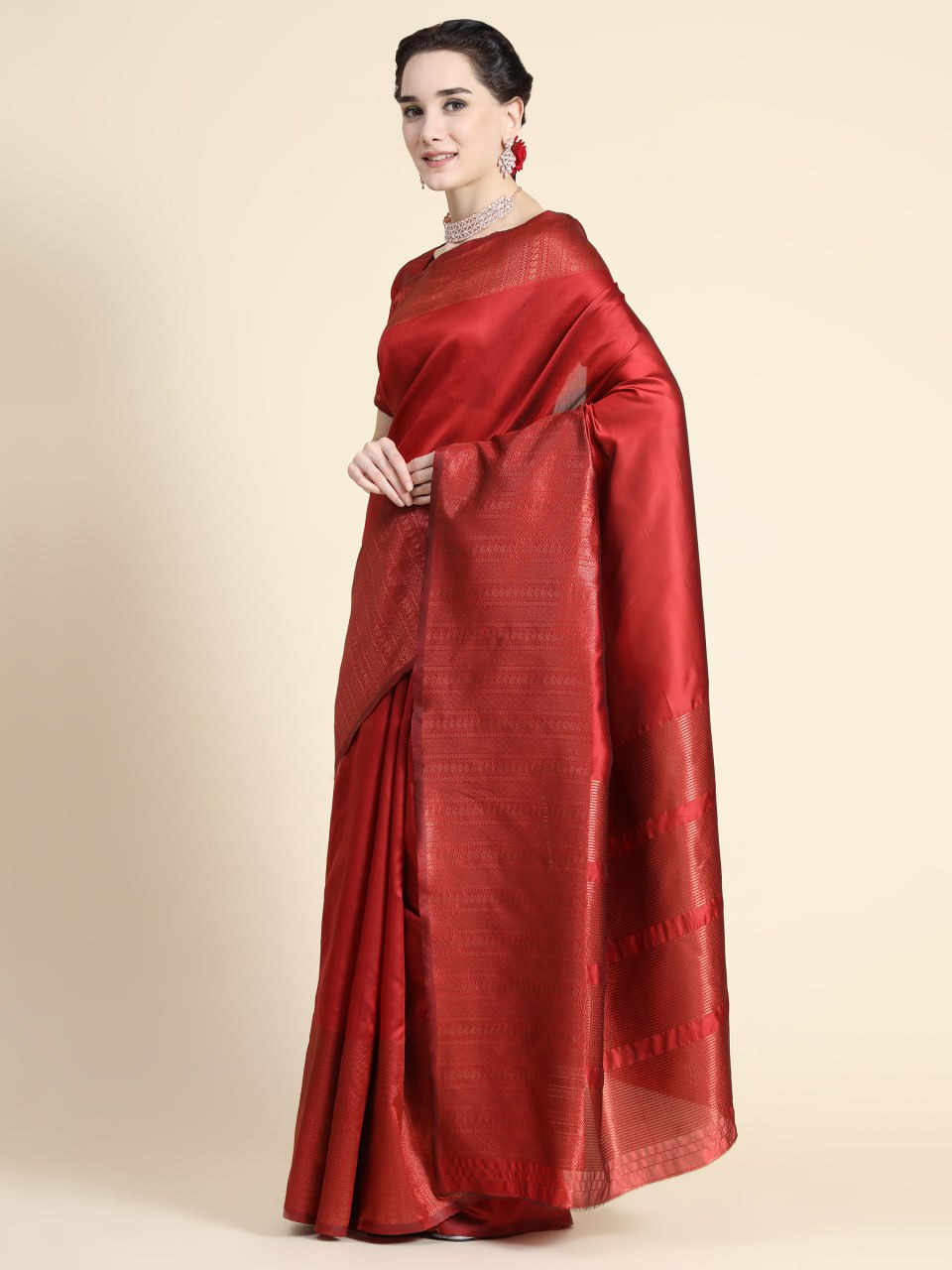 Crimson Elegance Pure Banarasi Silk Saree with Intricate Zari Borders