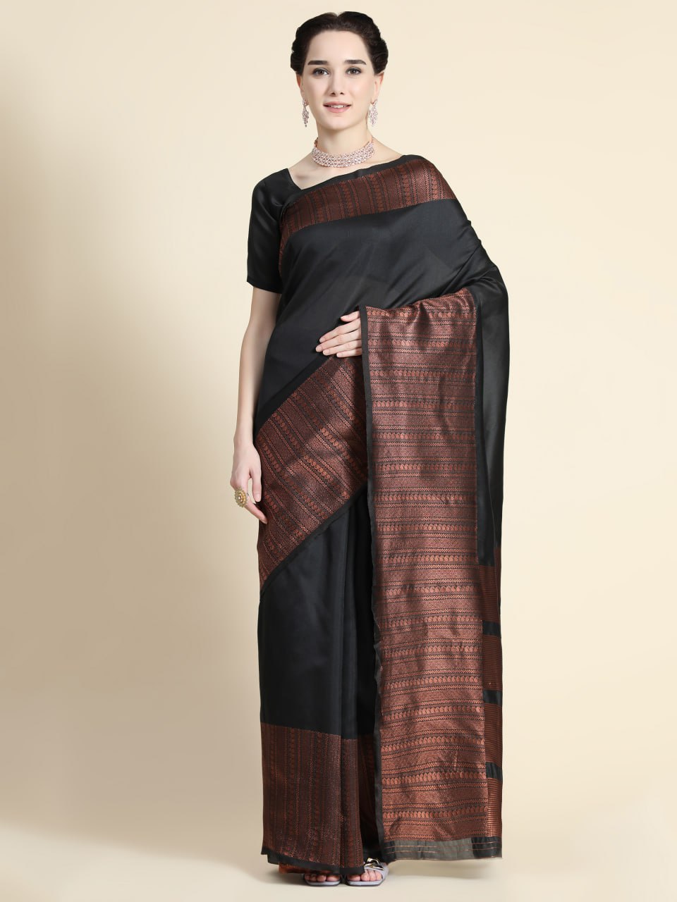 Midnight Ebony Banarasi Silk Saree with Copper Zari Border