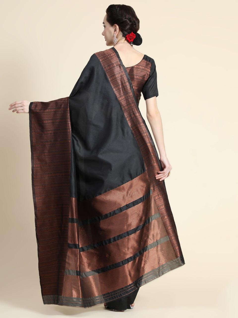 Midnight Ebony Banarasi Silk Saree with Copper Zari Border