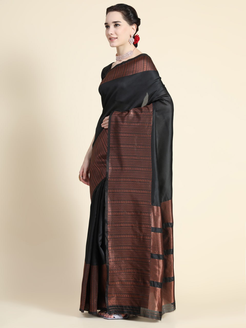 Midnight Ebony Banarasi Silk Saree with Copper Zari Border