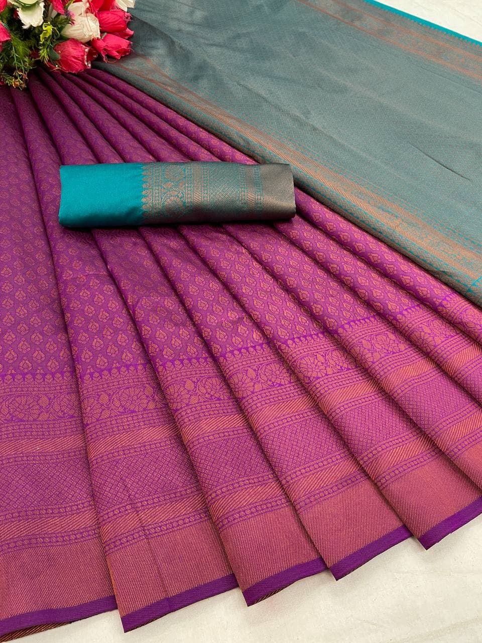 Royal Wine Banarasi Silk Saree with Teal Contrast