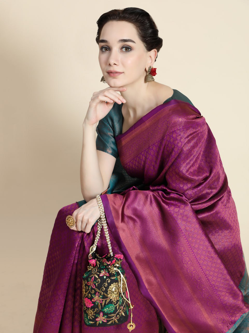 Royal Wine Banarasi Silk Saree with Teal Contrast