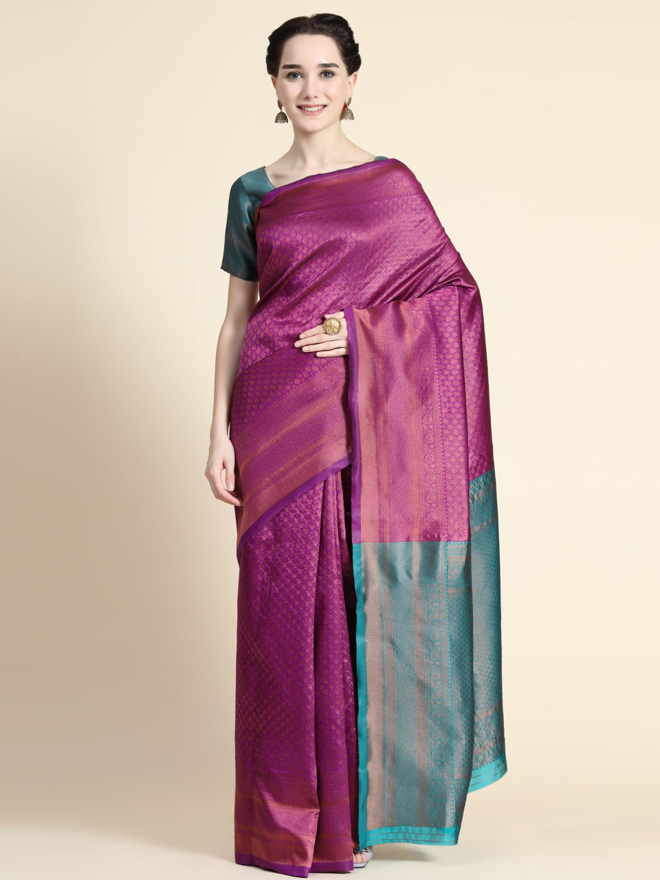 Royal Wine Banarasi Silk Saree with Teal Contrast