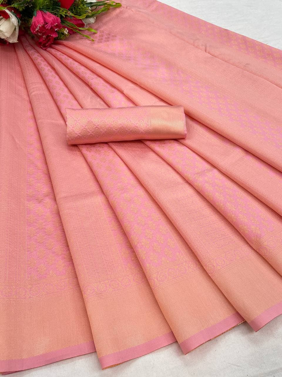 Ethereal Rose Pink Banarasi Silk Saree with Elegant Zari Border