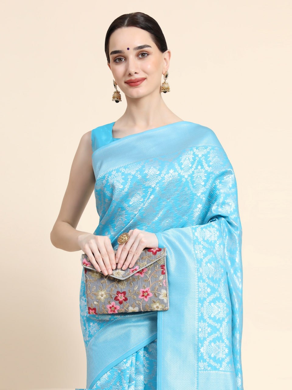 Sky Blue Banarasi Silk Saree with Elegant Silver Zari Floral Weaving