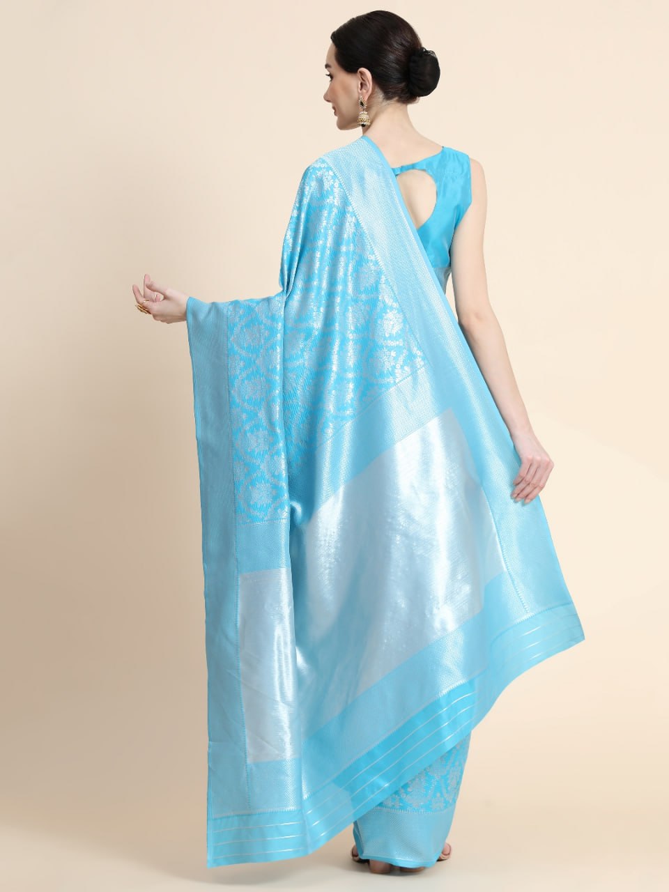 Sky Blue Banarasi Silk Saree with Elegant Silver Zari Floral Weaving