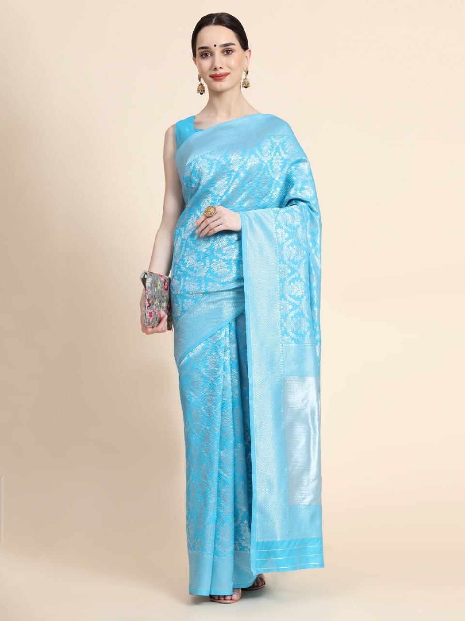 Sky Blue Banarasi Silk Saree with Elegant Silver Zari Floral Weaving