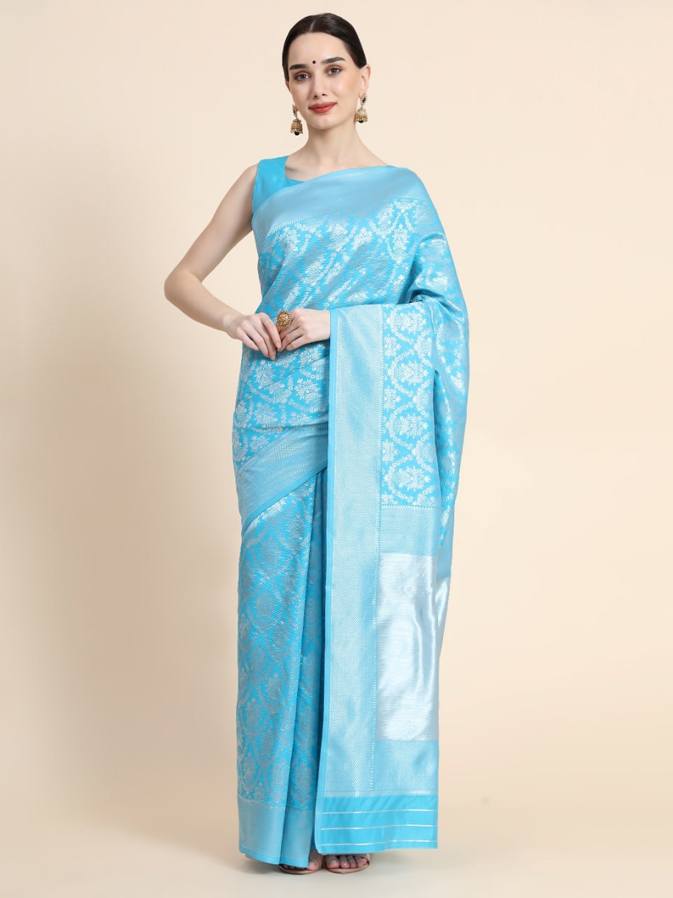 Sky Blue Banarasi Silk Saree with Elegant Silver Zari Floral Weaving