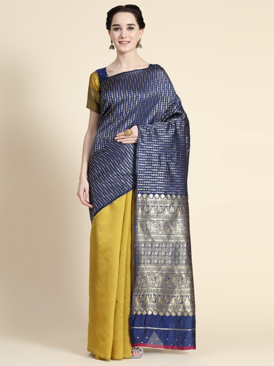 Regal Navy & Mustard Banarasi Silk Saree with Intricate Zari Border