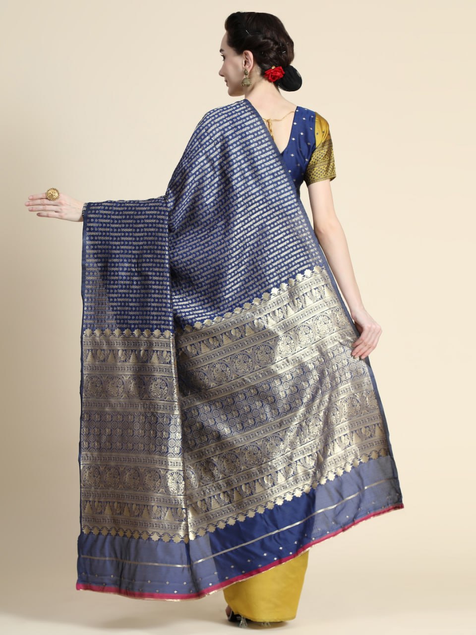 Regal Navy & Mustard Banarasi Silk Saree with Intricate Zari Border