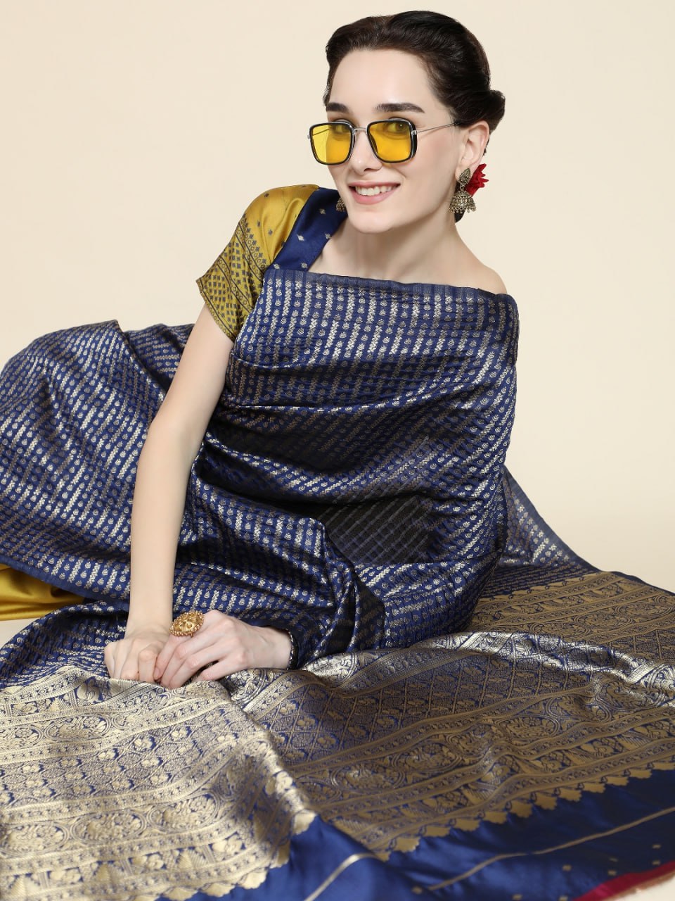 Regal Navy & Mustard Banarasi Silk Saree with Intricate Zari Border