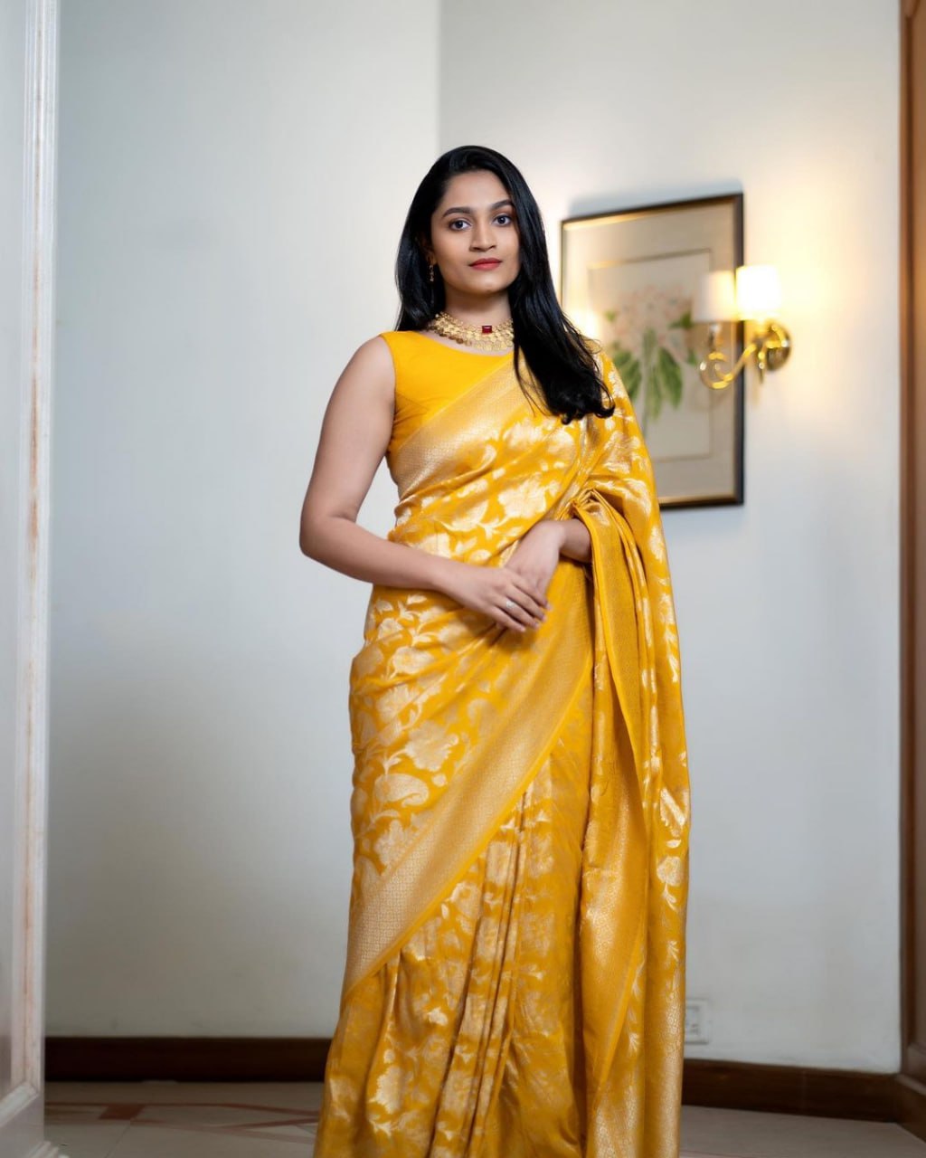 Radiant Mustard Yellow Banarasi Silk Saree with Elegant Floral Jaal