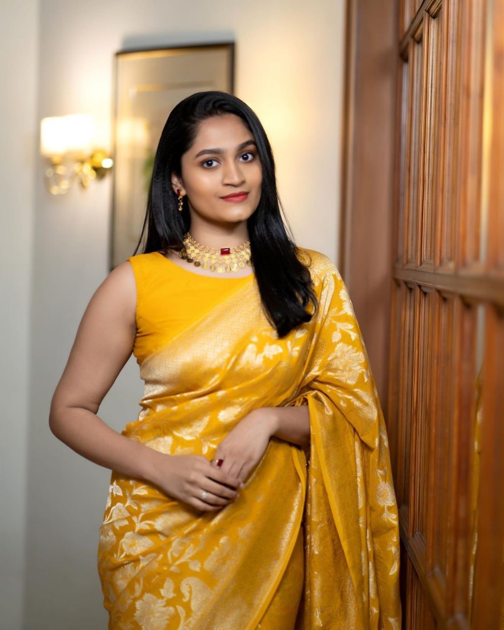 Radiant Mustard Yellow Banarasi Silk Saree with Elegant Floral Jaal