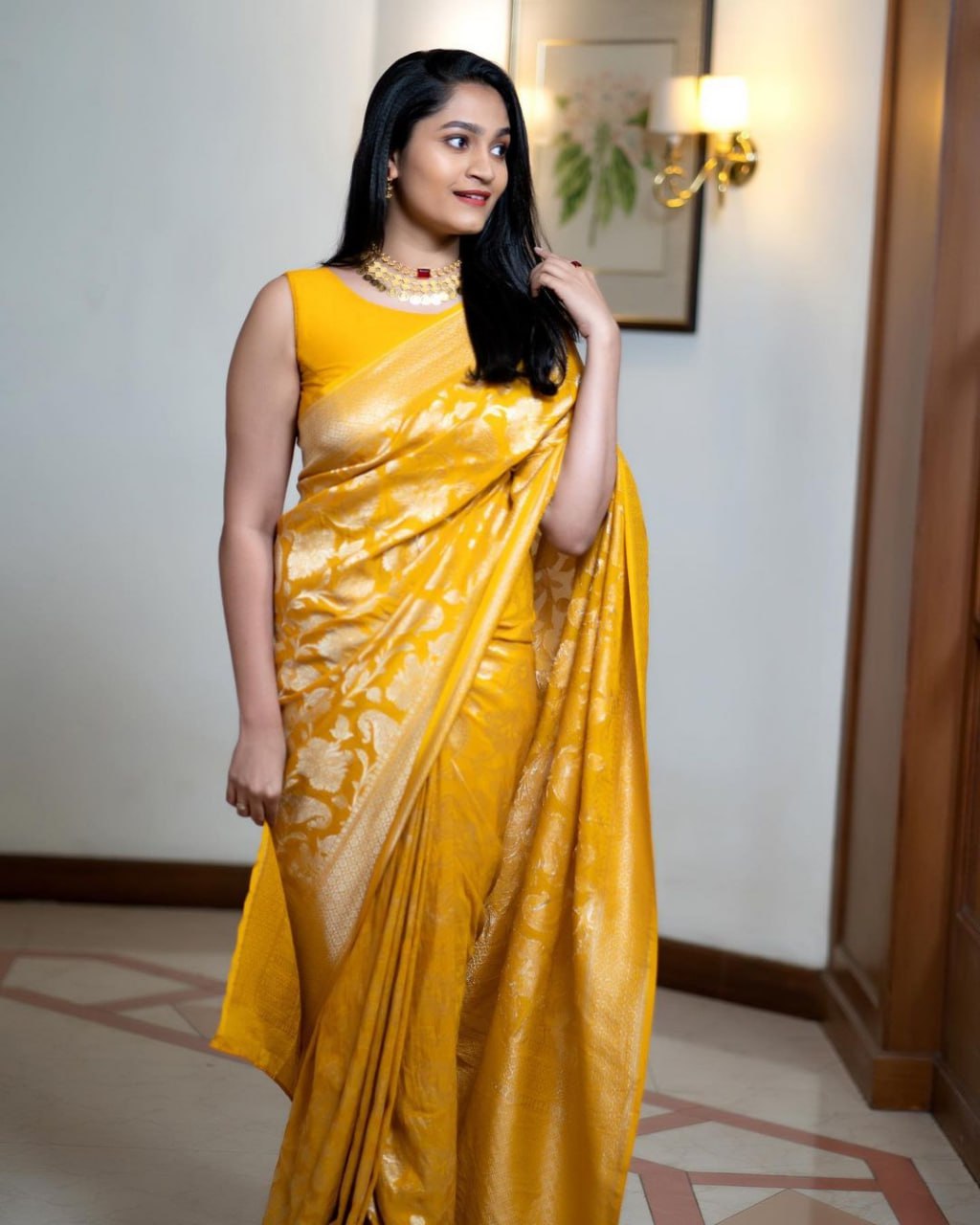 Radiant Mustard Yellow Banarasi Silk Saree with Elegant Floral Jaal