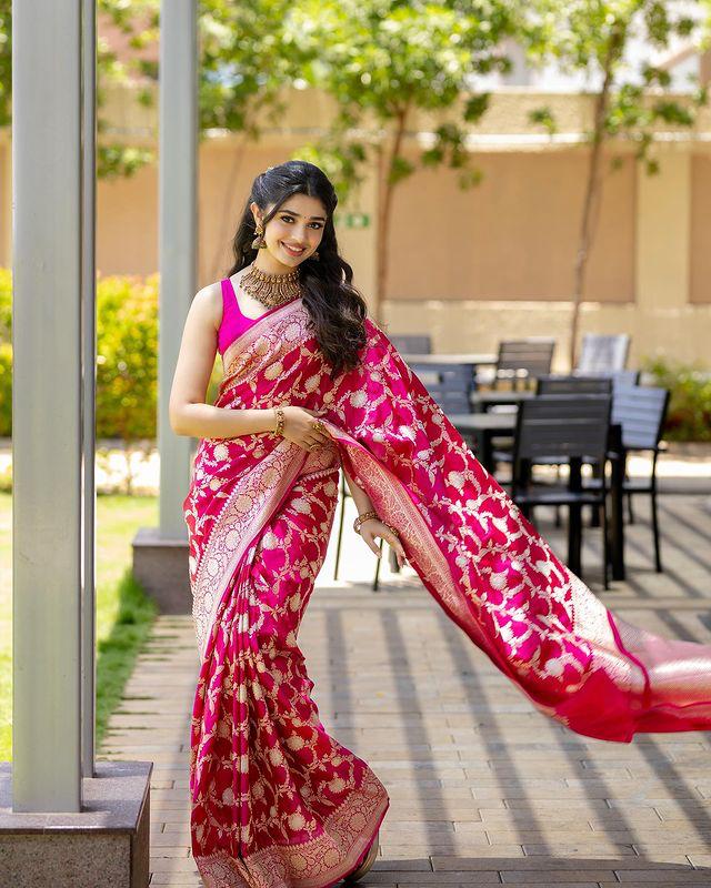 Rani Pink Banarasi Silk Saree with Antique Zari Jaal