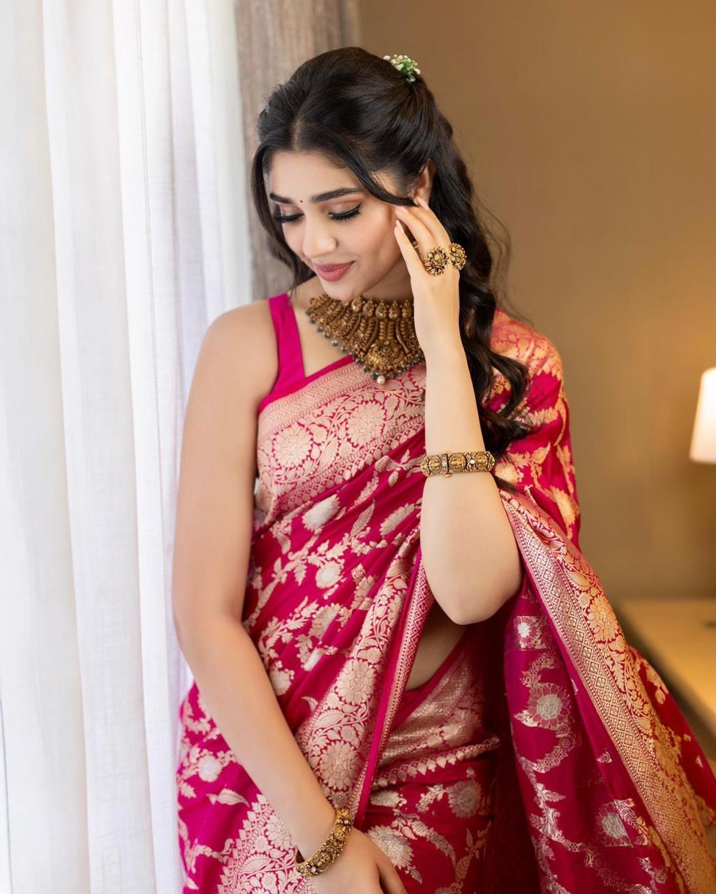 Rani Pink Banarasi Silk Saree with Antique Zari Jaal