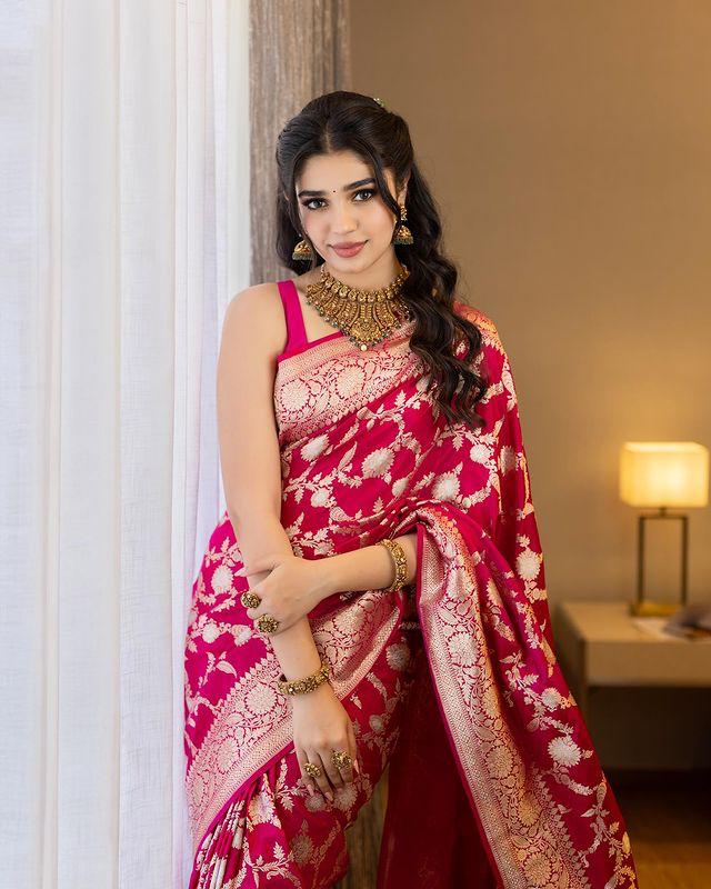 Rani Pink Banarasi Silk Saree with Antique Zari Jaal