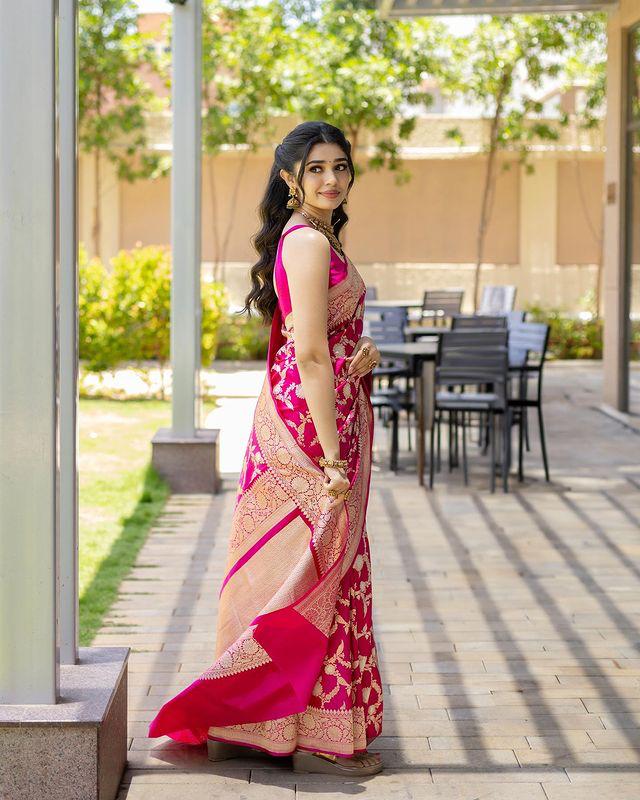 Rani Pink Banarasi Silk Saree with Antique Zari Jaal