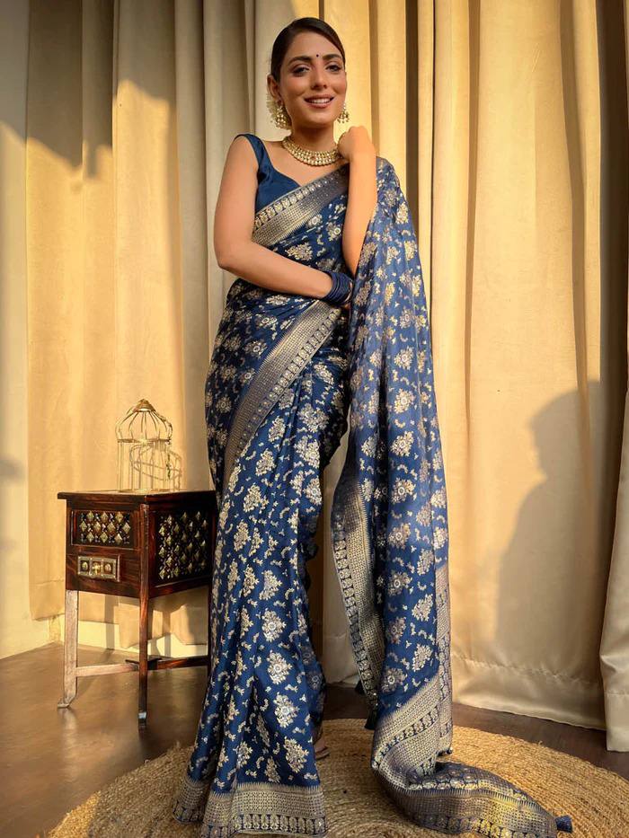 Sapphire Gold Banarasi Silk Saree with Intricate Floral Jaal