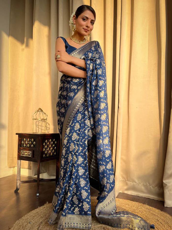 Sapphire Gold Banarasi Silk Saree with Intricate Floral Jaal