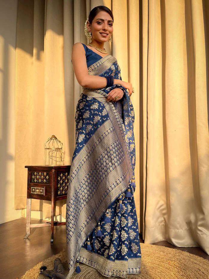 Sapphire Gold Banarasi Silk Saree with Intricate Floral Jaal