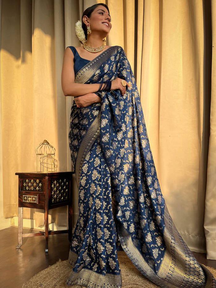 Sapphire Gold Banarasi Silk Saree with Intricate Floral Jaal