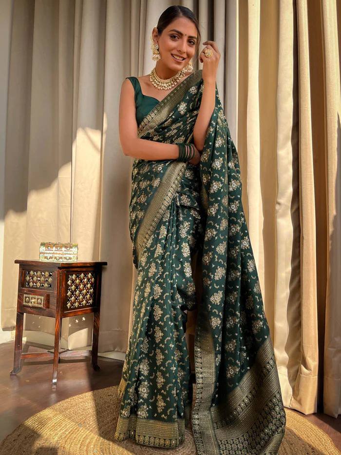 Forest Emerald Banarasi Silk Saree with Full Floral Zari Jaal