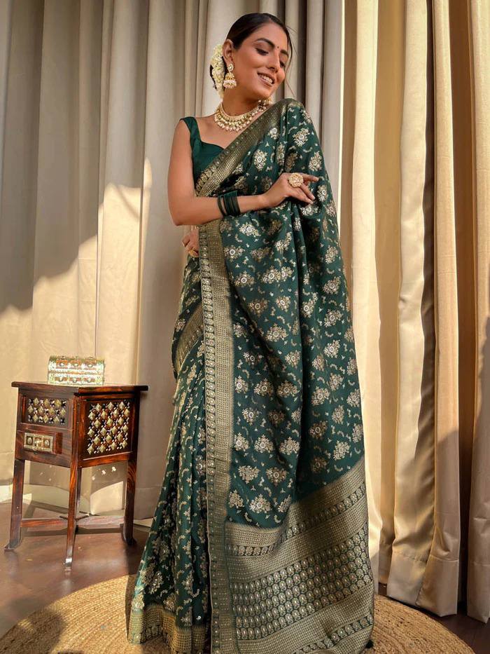 Forest Emerald Banarasi Silk Saree with Full Floral Zari Jaal