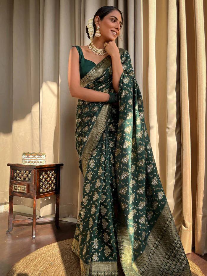 Forest Emerald Banarasi Silk Saree with Full Floral Zari Jaal