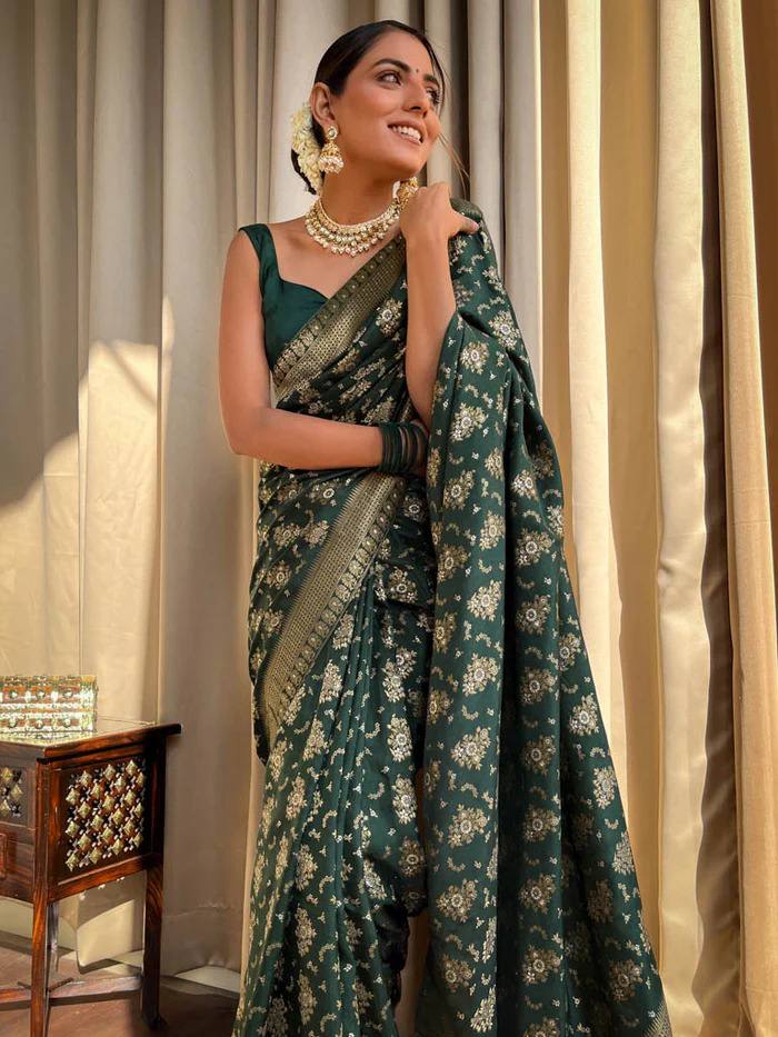 Forest Emerald Banarasi Silk Saree with Full Floral Zari Jaal
