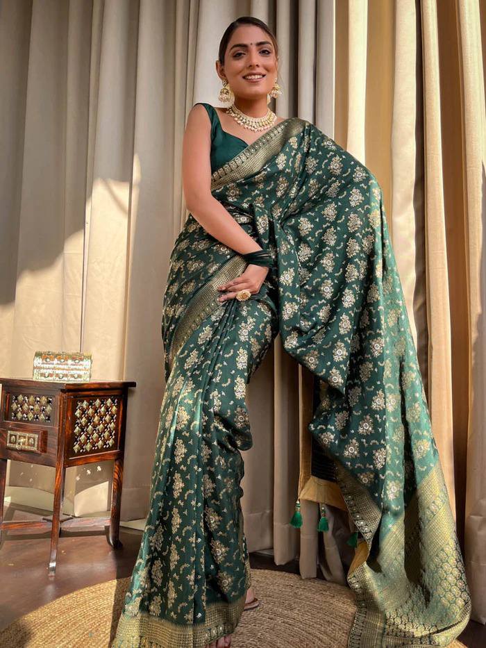 Forest Emerald Banarasi Silk Saree with Full Floral Zari Jaal