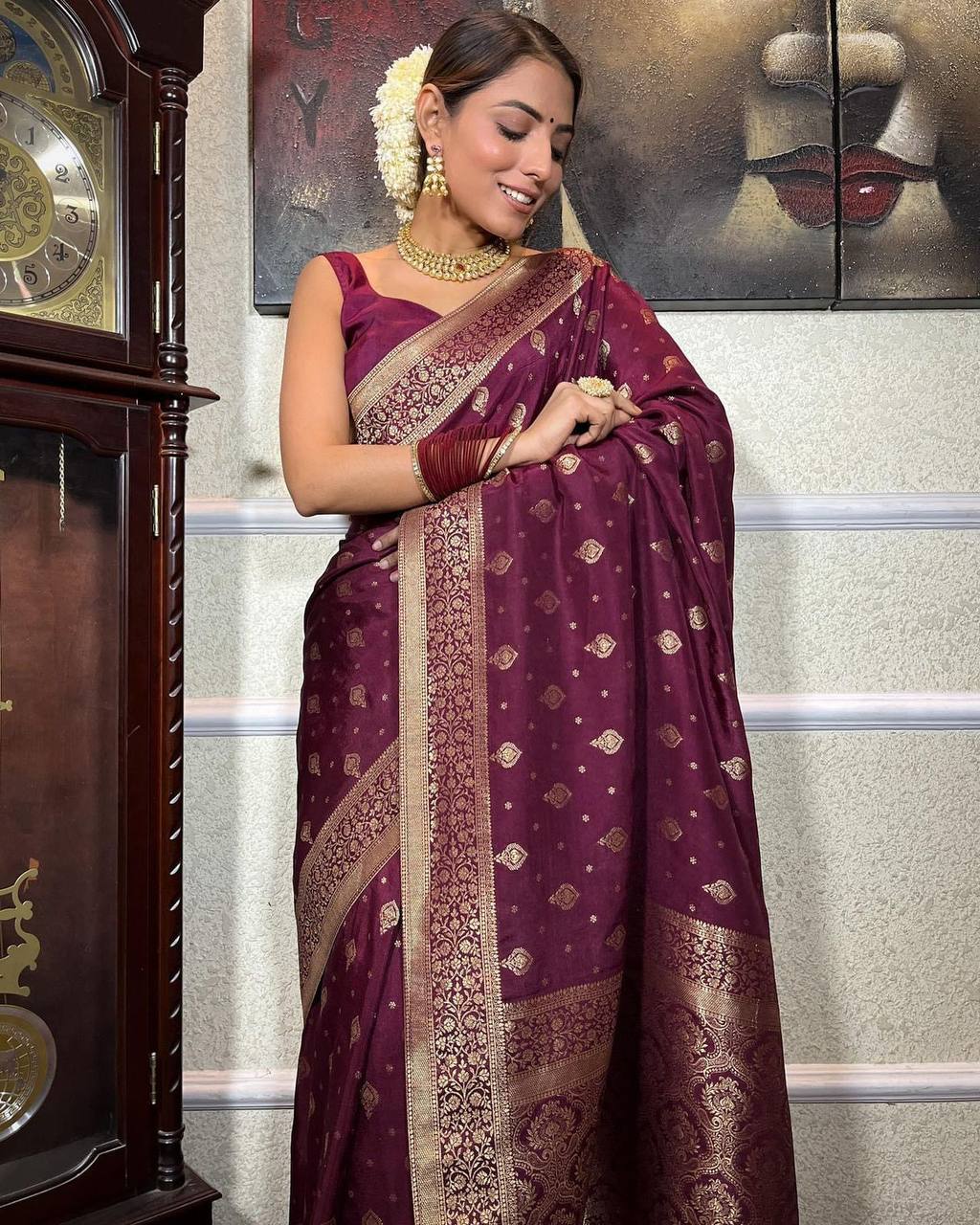 Majestic Wine Banarasi Silk Saree with Intricate Gold Zari Border