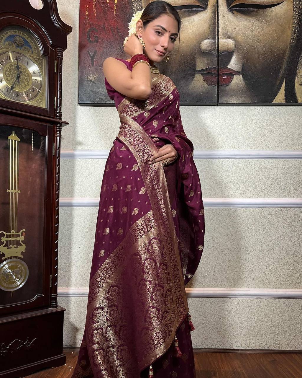 Majestic Wine Banarasi Silk Saree with Intricate Gold Zari Border