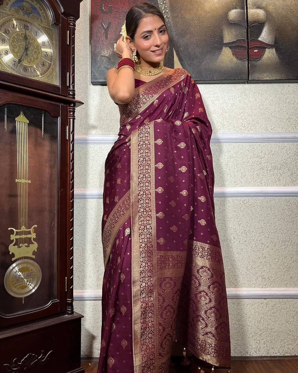 Majestic Wine Banarasi Silk Saree with Intricate Gold Zari Border
