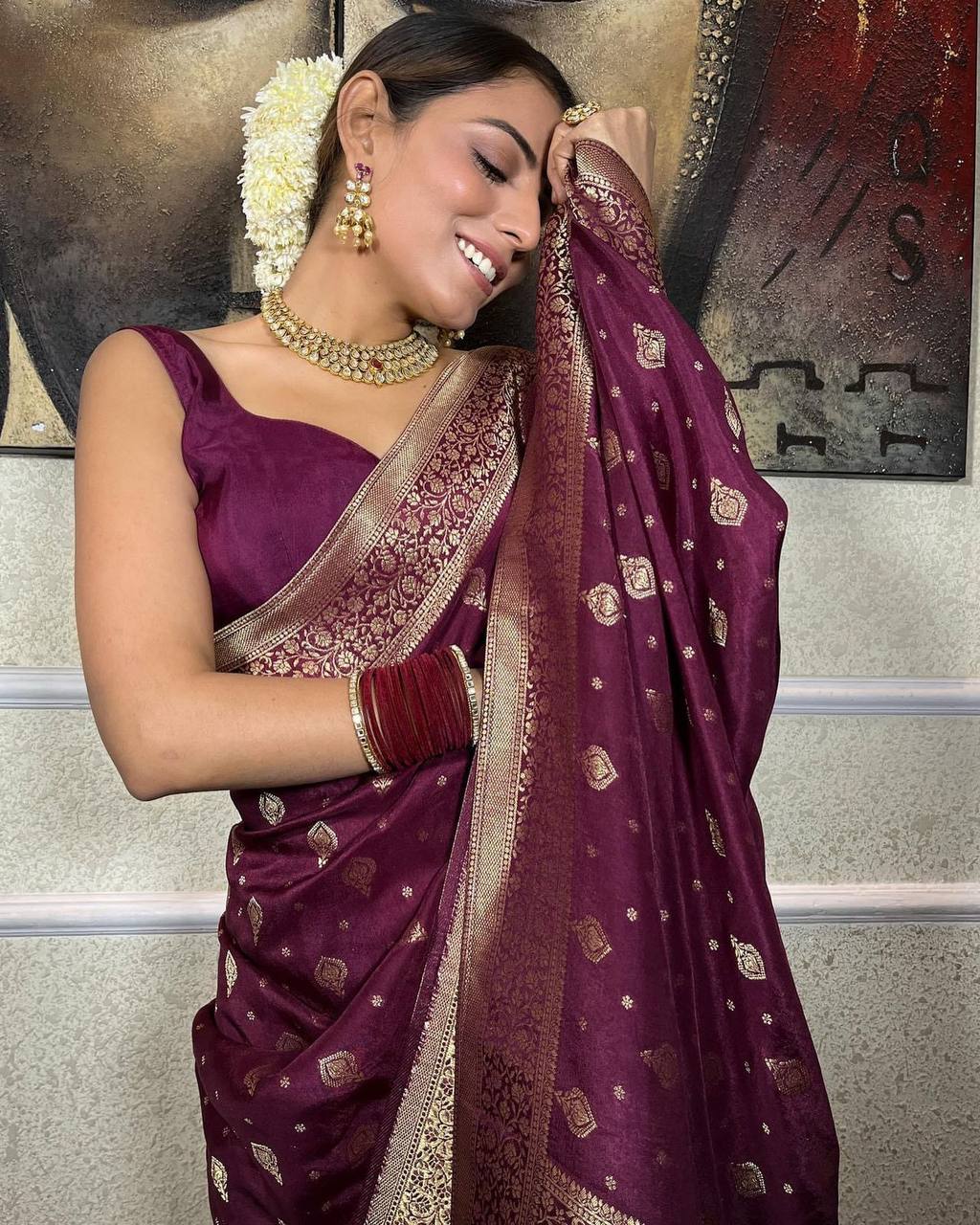 Majestic Wine Banarasi Silk Saree with Intricate Gold Zari Border