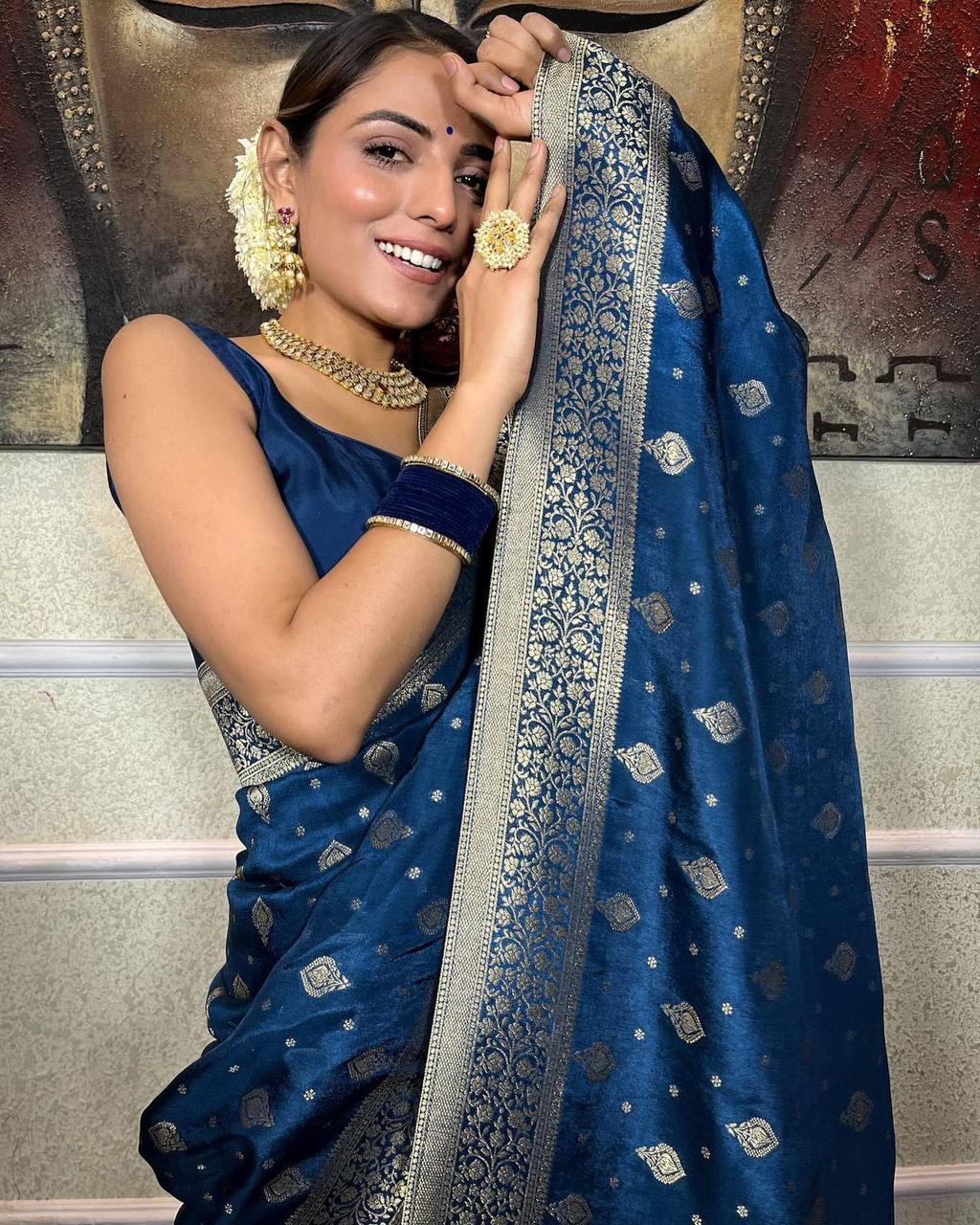 Midnight Teal Banarasi Silk Saree with Antique Zari