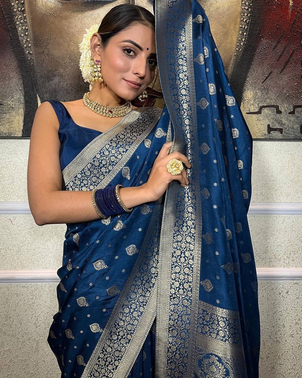 Midnight Teal Banarasi Silk Saree with Antique Zari