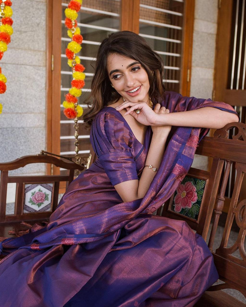 Iridescent Royal Purple Banarasi Silk Saree with Copper Zari Highlights