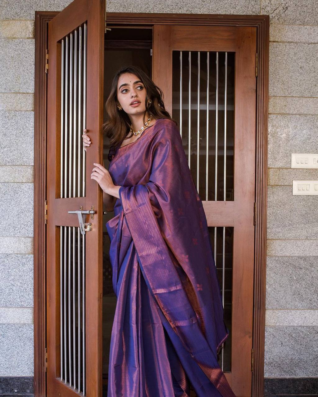 Iridescent Royal Purple Banarasi Silk Saree with Copper Zari Highlights
