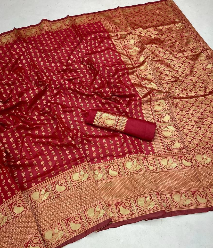 Crimson Heritage Banarasi Silk Saree with Ornate Gold Zari
