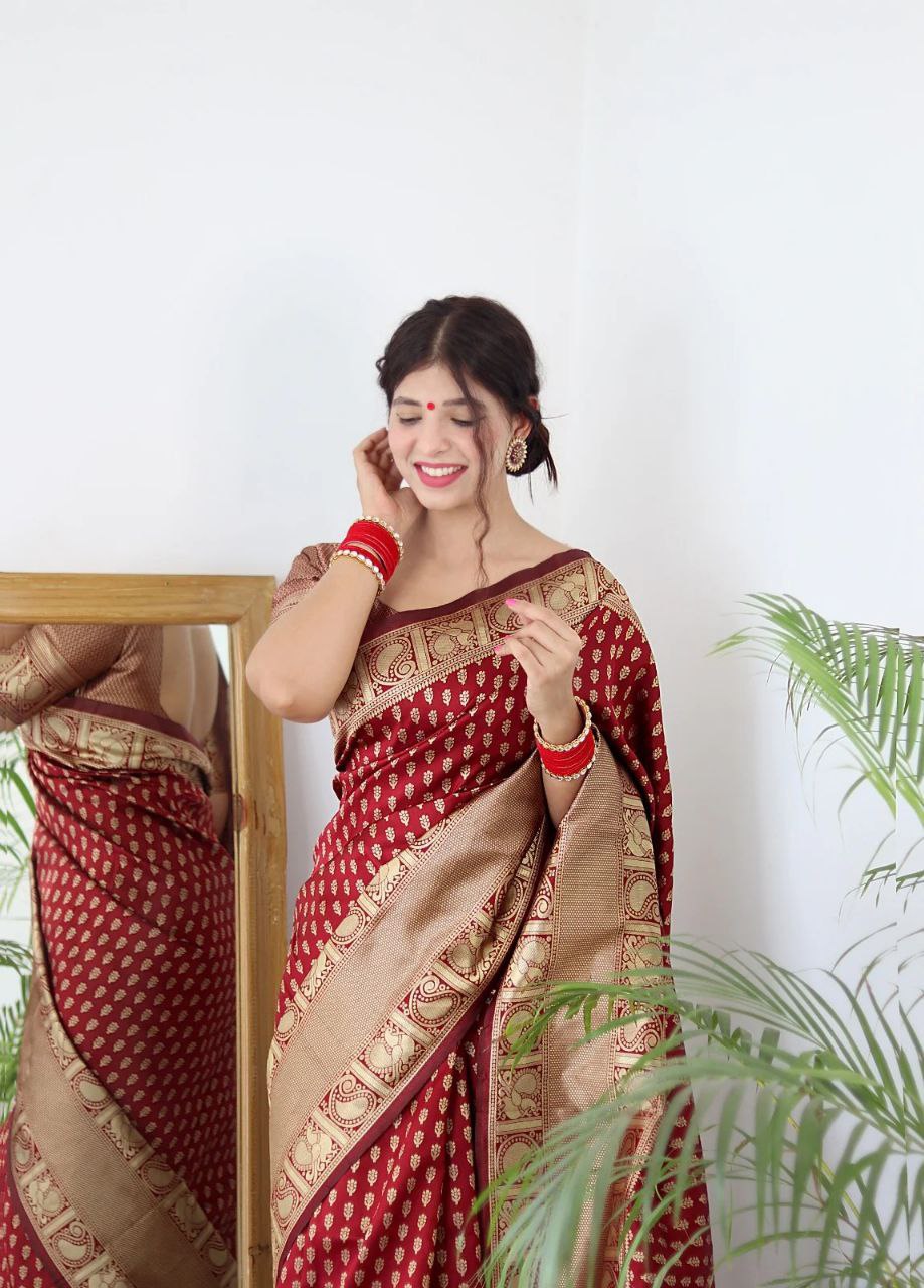 Crimson Heritage Banarasi Silk Saree with Ornate Gold Zari