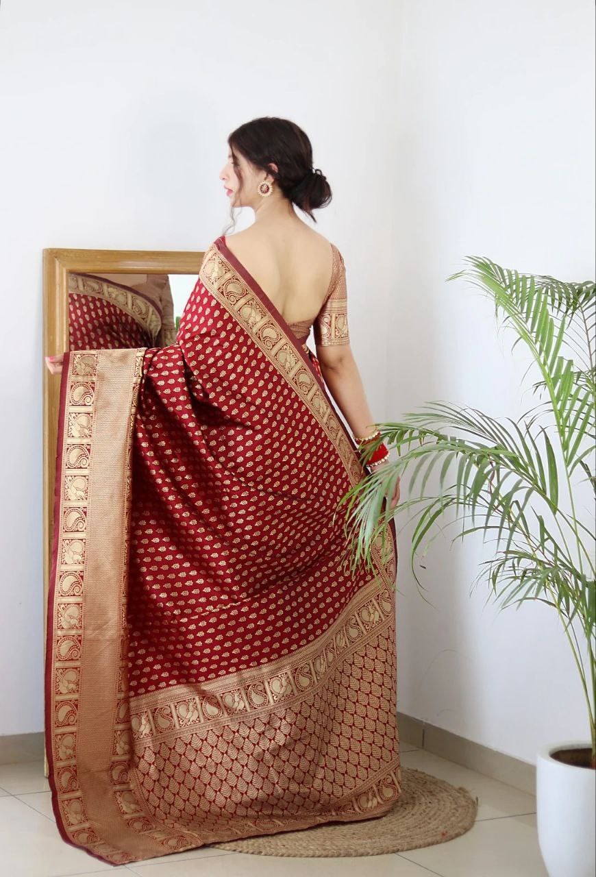 Crimson Heritage Banarasi Silk Saree with Ornate Gold Zari