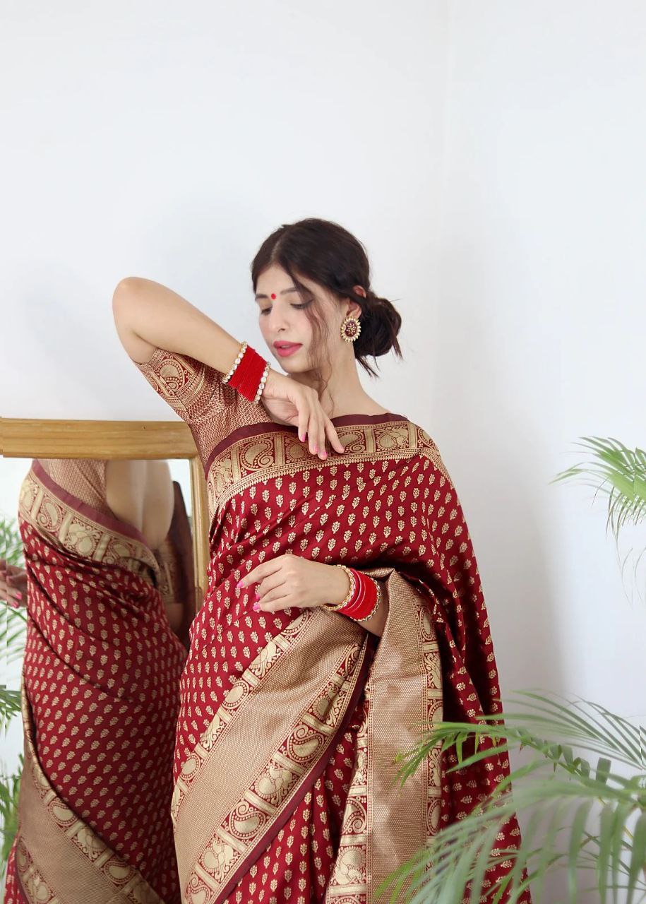 Crimson Heritage Banarasi Silk Saree with Ornate Gold Zari