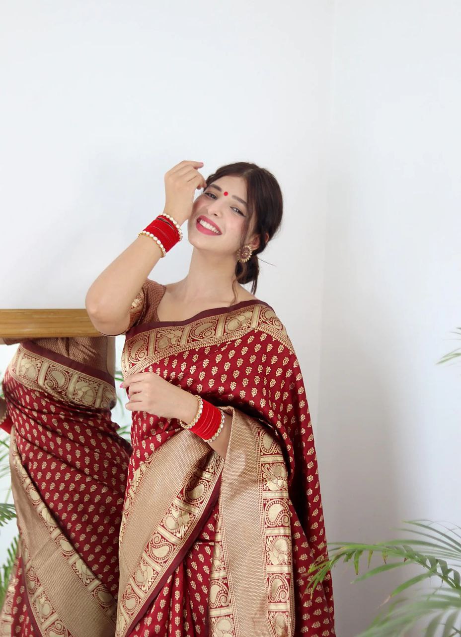 Crimson Heritage Banarasi Silk Saree with Ornate Gold Zari