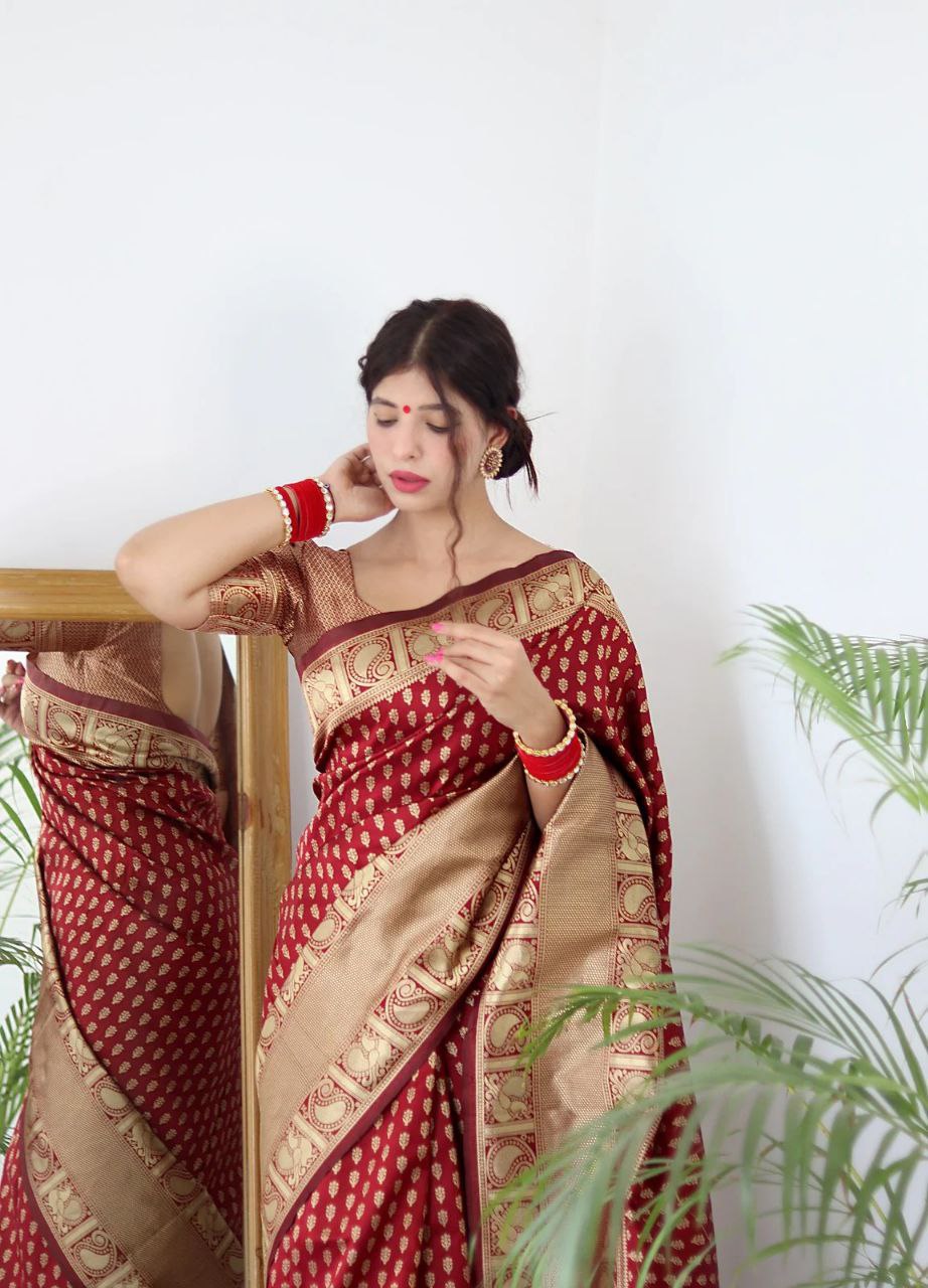 Crimson Heritage Banarasi Silk Saree with Ornate Gold Zari