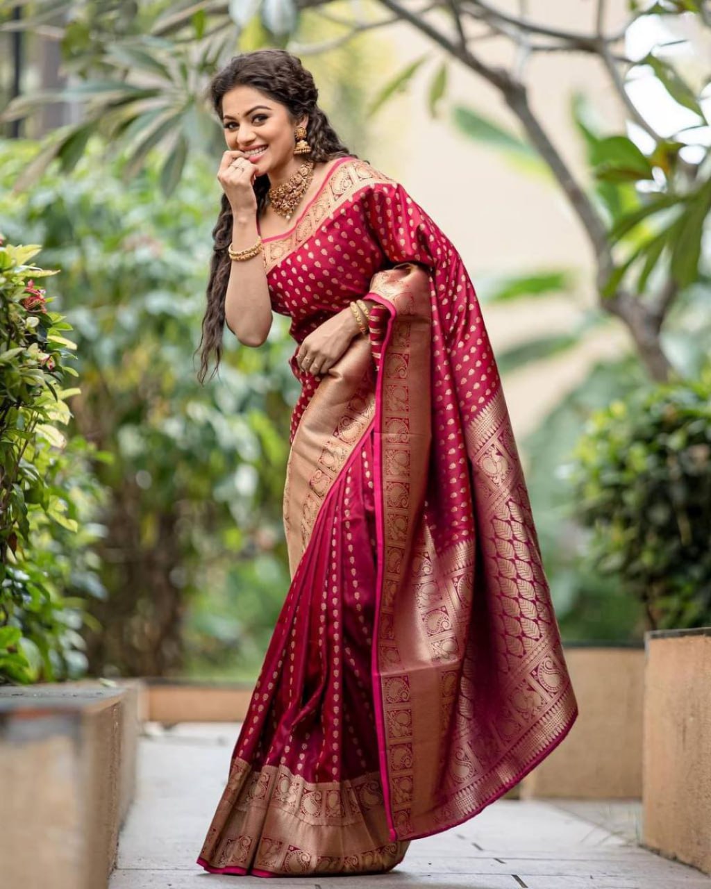 Radiant Rani Pink Banarasi Silk Saree with Antique Gold Peacock Motifs